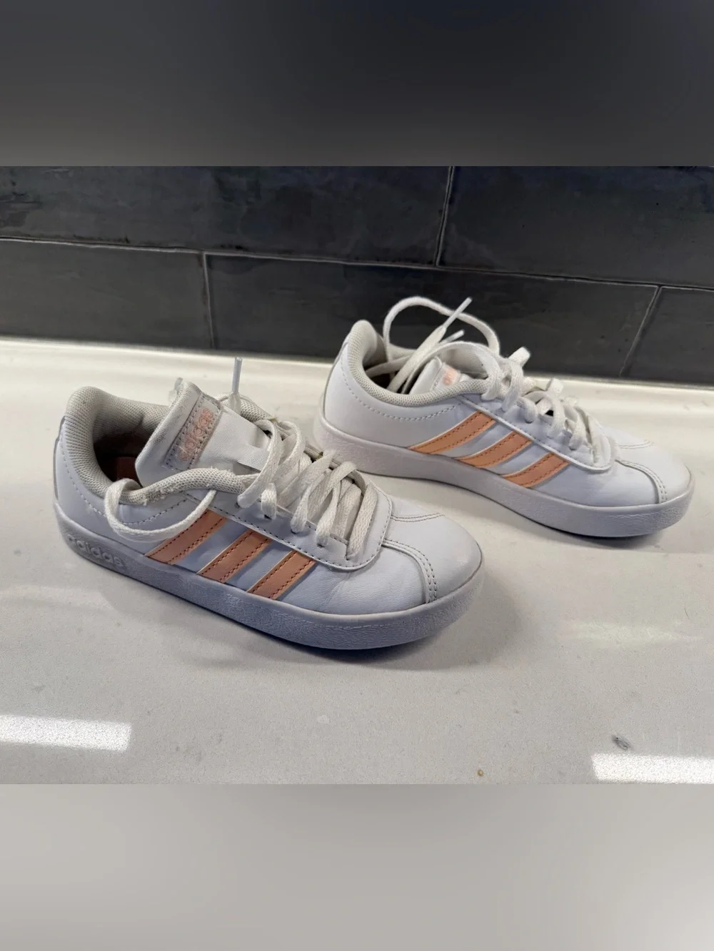 adidas Kids White Sneakers with Peach Stripes